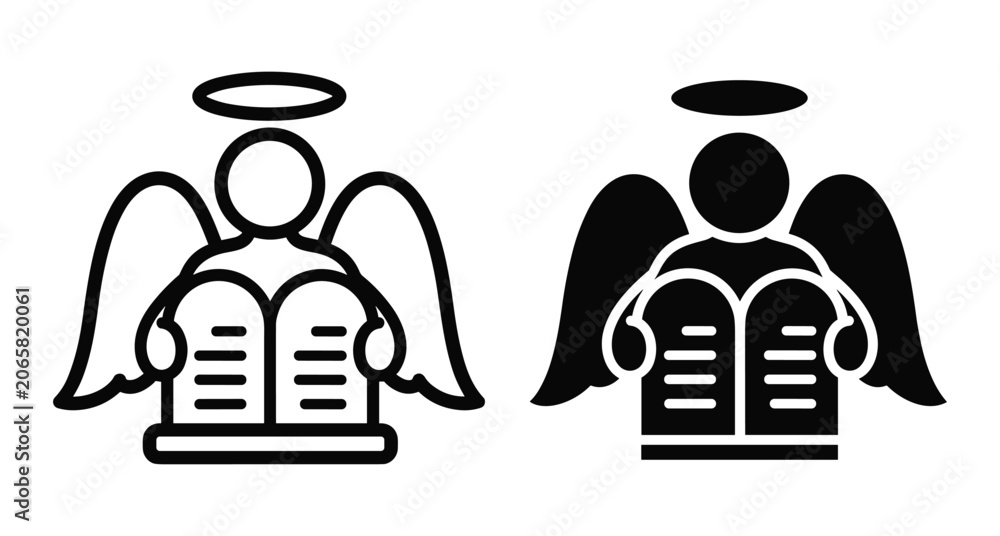 Naklejka premium Angel holding ten commandments tablets icon set with halo and wings in outline and solid black flat vector religious tablets