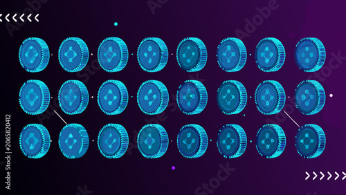 Tableau sur toile Blue wireframe coins arranged in rows a 3d rendering on a purple gradient backgr