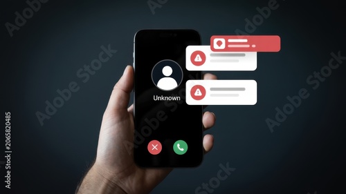 Hand Holding Smartphone Showing Unknown Caller Notification on Dark Background