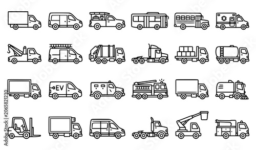 Cuadro en lienzo Outline Service Vehicle Vector Icon Set with Commercial Transport Fleet Trucks V