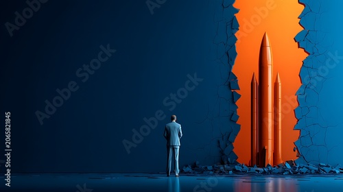 Person standing in front of large flame with dark blue background and white smoke