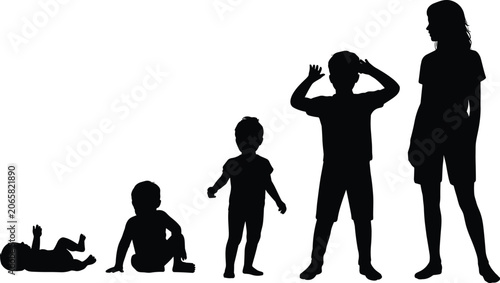 Fényképezés Silhouettes illustrating the growth stages of a child from infancy to young adul