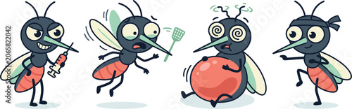 Mosquito Character Vector Set with Pest Control, Blood Sucking, Virus Transmission, and Funny Insect Cartoon Illustrations
