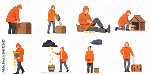 Foto Collection of illustrations featuring a man in a raincoat managing gold coins, treasure chests, and buckets, symbolizing financial wealth and savings