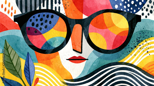 Stylish Woman with Round Colorful Sunglasses – Vibrant Pop Art Watercolor Illustration