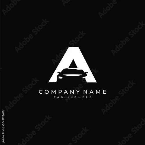 White letter A automotive logo with car silhouette on dark background, ideal for car service, auto dealer, or mobility brand.