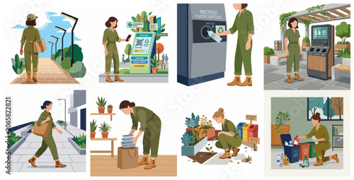 Fotografie Sustainable lifestyle and eco-friendly practices collection featuring a woman recycling, gardening, and using smart city technology for a greener future
