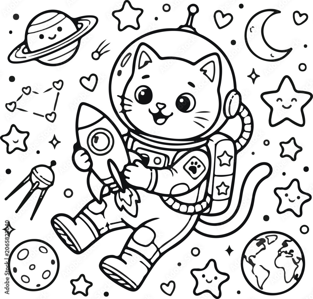 Obraz premium Cute cat astronaut in space with rocket coloring page vector doodle illustration
