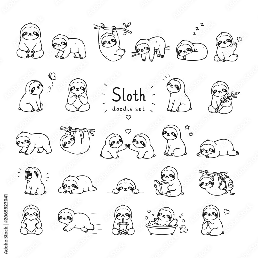 Fototapeta premium Sloth doodles set. Hand drawn vector doodle set on white background