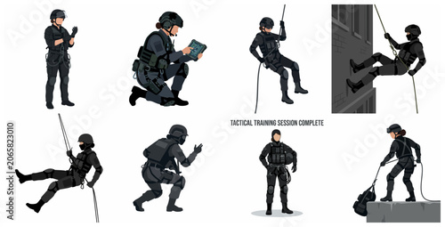 Fotografía Female tactical special forces officers collection in various action poses, flat
