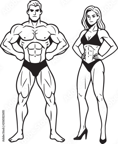 Muscular Male and Female Bodybuilders Posing Confidently in Competition Attire, Clean Line Art black and white vector illustration

