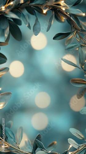 Teal christmas background with fairy lights and leaves