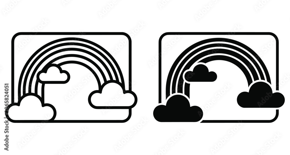 Fototapeta premium Rainbow with clouds icon set in outline and solid black style for weather forecast interface design and nature graphics