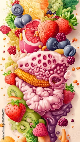 Anatomical fruit and vegetable still life digestive system illustration