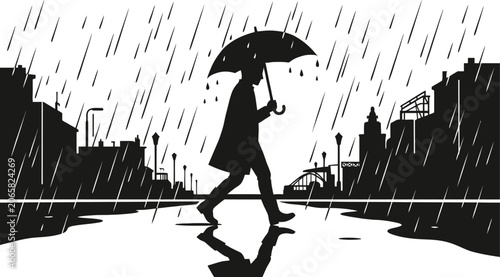 Cuadro en lienzo Silhouette of a person walking with an umbrella during rainfall in a cityscape b