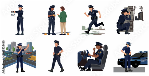 Diverse female police officers performing various law enforcement duties in flat vector illustration style.