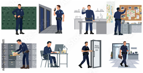 Police Officer Character Set in Various Daily Work Situations at the Police Station, Investigation, Evidence, and Office Tasks Illustrations
