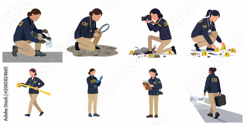 Set of female forensic investigators or CSI agents working on a crime scene, collecting evidence, taking photos, and documenting clues. Flat vector illustration.
