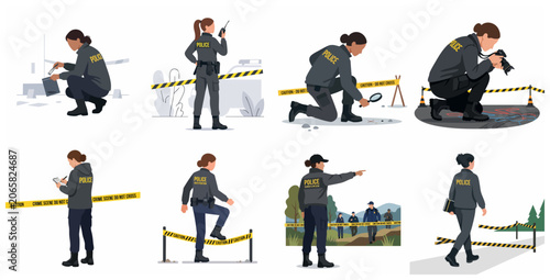 Set of female police officers and forensic investigators in uniform collecting evidence, taking photos, and managing crime scenes in flat illustration style.