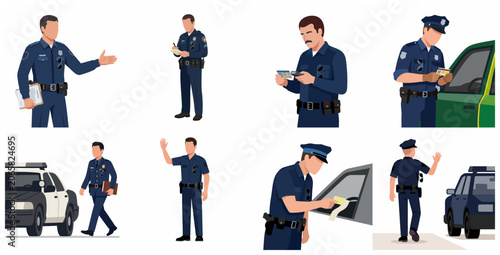 Police Officer Character Set Performing Various Law Enforcement Duties and Traffic Control Vector Illustration