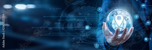 Mapping specialist hold circle in hand to analyze the comprehensive GIS network database. They manage global geographic information system data layers, satellite imagery, and spatial maps.