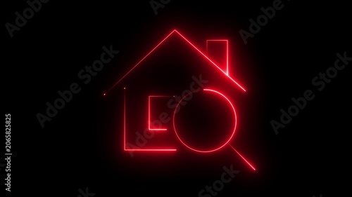 Glowing red neon house icon with a magnifying glass symbol representing real estate search and property hunting concept on a black background
