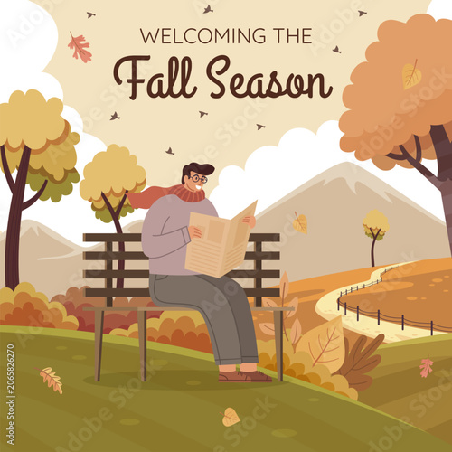 Man sitting on a bench reading newspaper in autumn.