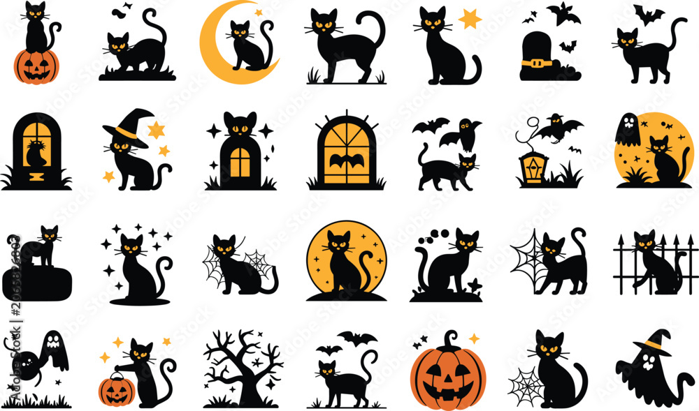 Fototapeta premium Set of halloween black cat silhouettes, spooky felines with pumpkins and bats