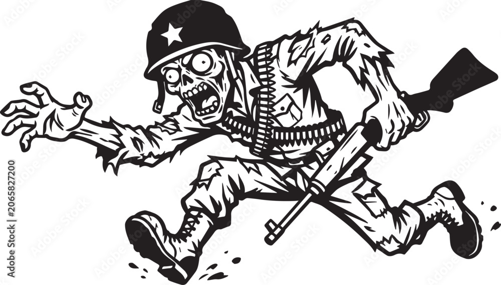 Fototapeta premium Charging Zombie Soldier with Star Helmet and Ammo Belt Sprinting Forward with Rifle, bold graphic black and white vector illustration 
