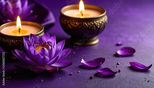 Purple lotus flower and candles with soft lighting creating a calming atmosphere
