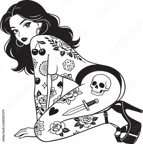 Pin-Up Style Tattooed Woman with Skull, Dagger, and Floral Ink Reclining in High Heels, bold graphic black and white vector illustration
