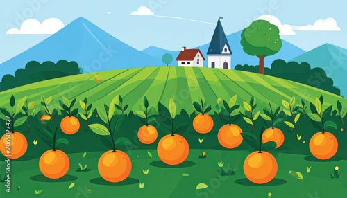 Oranges on tree in a field.