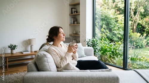 Peaceful woman relaxing on a sofa with a steaming mug in a modern bright living room