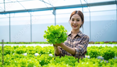 Woman displays fresh lettuce in greenhouse environment sustainable farming