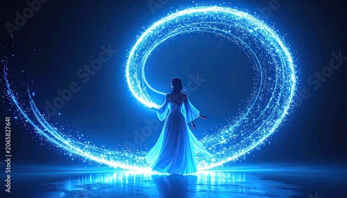 Woman silhouette with glowing energy circle in a dark blue background