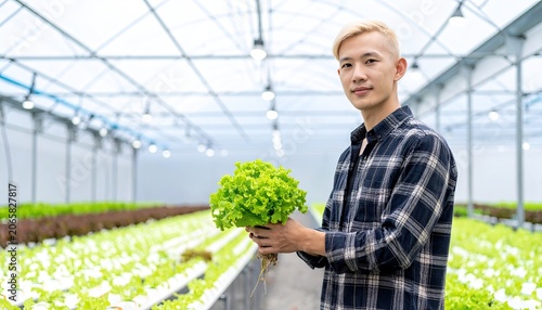 Young farmer holding lettuce in greenhouse for sustainable agriculture