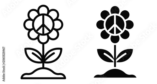 Peace flower icon set featuring a floral design with a pacifist symbol in the center for harmony and love concepts