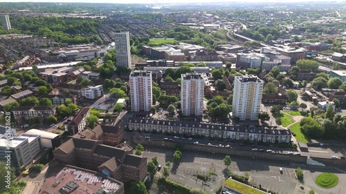 Newcastle Upon Tyne UK: 25th May 2026: Drone footage of Shieldfield and Byker showing residential buildings and green spaces during a sunny day. With Tower blocks and Byker bridge
