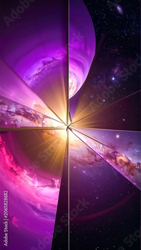 Abstract purple and pink light streaks with lens flare.