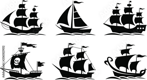 Obraz na plátně Nautical sailing ship silhouette icon set