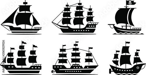 Fotografie Nautical sailing ship silhouette icon set