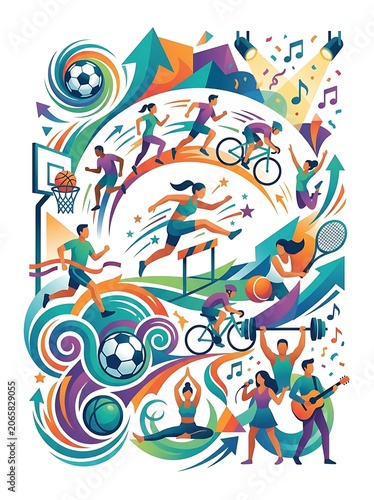 Colorful abstract illustration of fantasy creatures and objects.