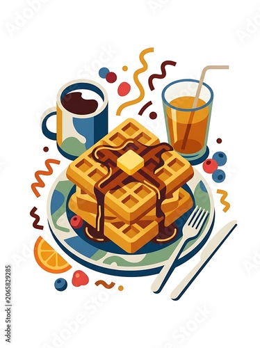Colorful cartoon illustration of assorted donuts and drinks.