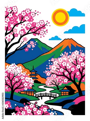Colorful cartoon landscape with cherry blossoms and house.