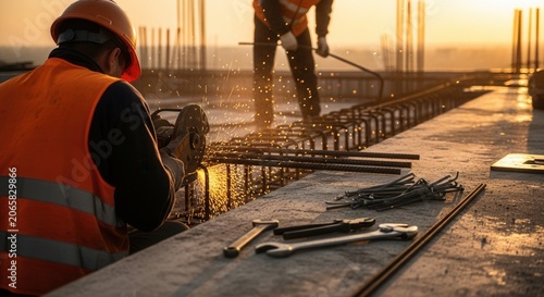 Construction Worker Grinding Rebar At Sunset With Sparks Flying
