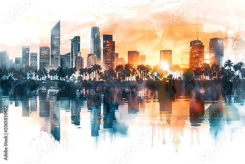 Sunset over city skyline with palm trees and water reflection in watercolor