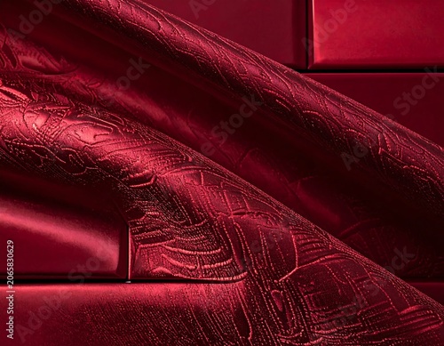 Abstract red fabric with dynamic folds and creases.