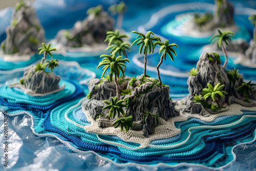 Intricate crochet islands with palm trees and blue seas