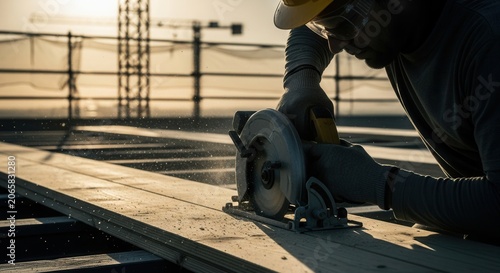 Construction Worker Grinding Wood Board On Height With Sun Setting