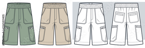 Unisex Utility Cargo Shorts Fashion Flat Technical Drawing Template Front and Back Views